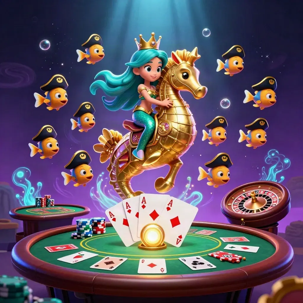 Zeemeermin op gouden zeepaard met pokerchips, kaarten en paarse neon in onderwaterlicht.