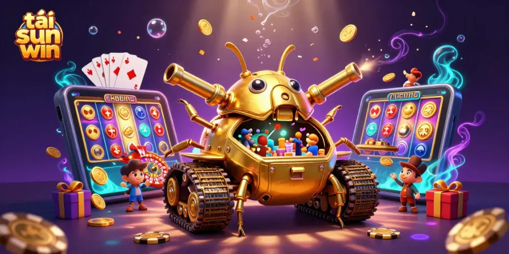 Experience thrilling gaming with tải sun win, featuring a vibrant 3D casino beetle tank and casino elements.