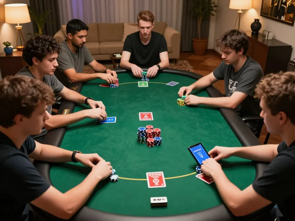 Engaging players enjoying online poker gameplay on kjc com with vibrant chip stacks and digital cards.