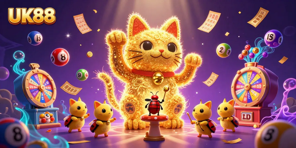 Experience the thrills of UK88 with a vibrant illustration of a lucky cat at a bustling casino.