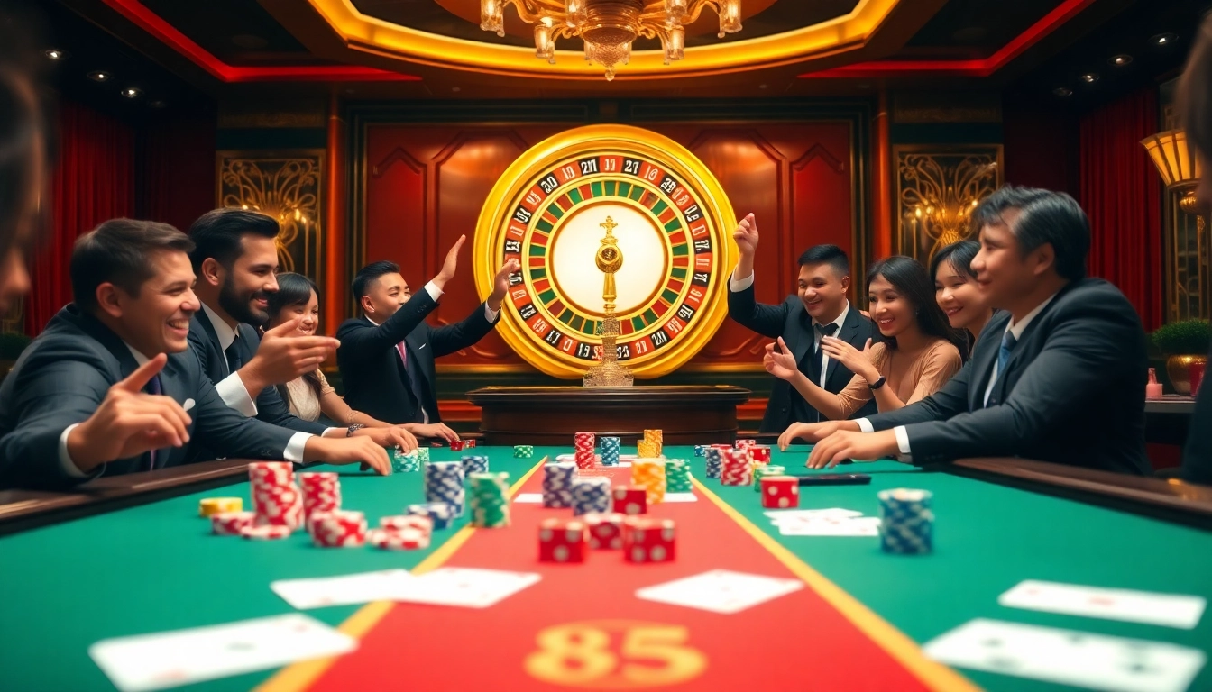 Players at a poker table enjoying the excitement of gambling at https://bl-555.io/ with vibrant casino decor.