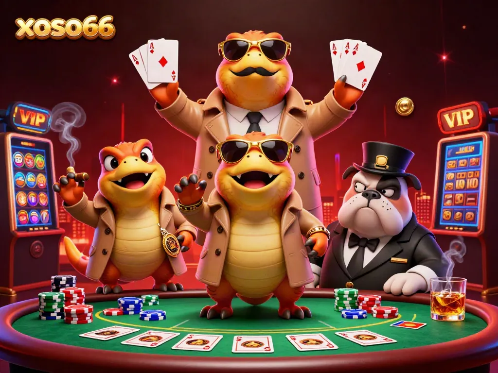 Experience the excitement of xoso66 as playful raptors enter a VIP casino lounge.