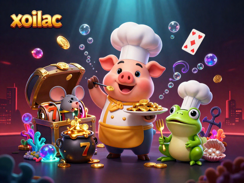 Xoilac showcases a vibrant casino scene with a chef pig serving gold coins, surrounded by slots and underwater treasures.
