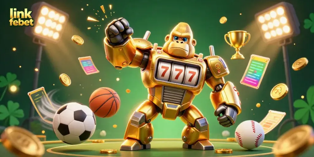 Live casino action showcasing link febet with a golden gorilla mech and exciting sports elements.