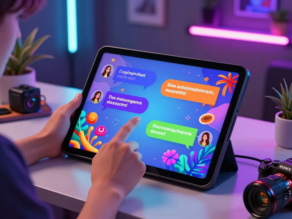 Interactive spicy chat AI conversation with vibrant messages and modern tech workspace.