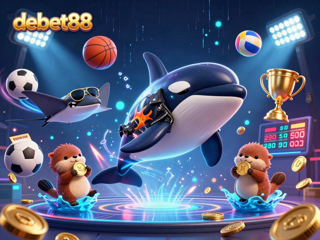 Experience the thrill of debet88 with a dynamic scene featuring an orca, stingray, and otters celebrating gambling success.