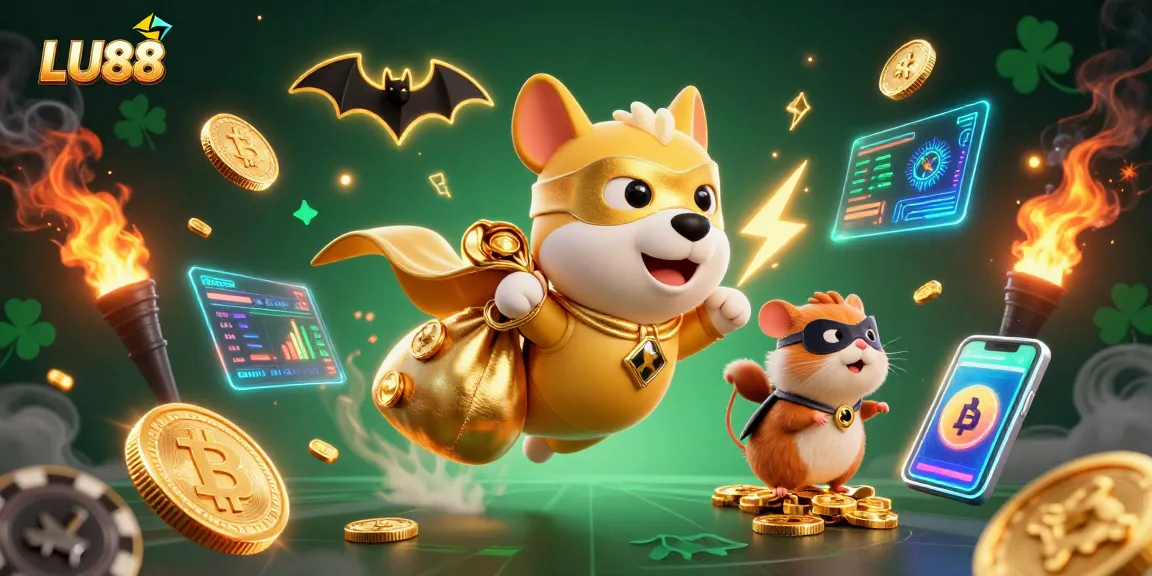 LU88 illustrated as a superhero dog soaring with gold coins, amidst crypto-themed casino elements.