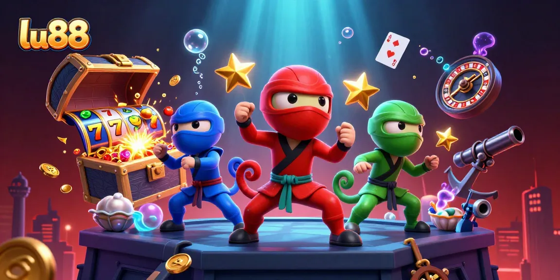 lu88 ninja chameleon team performing martial arts on a casino-themed rooftop with gold coins, slot reels.