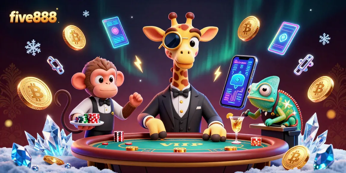 Experience the excitement at five888 with a dynamic 3D casino scene featuring unique characters and crypto elements.