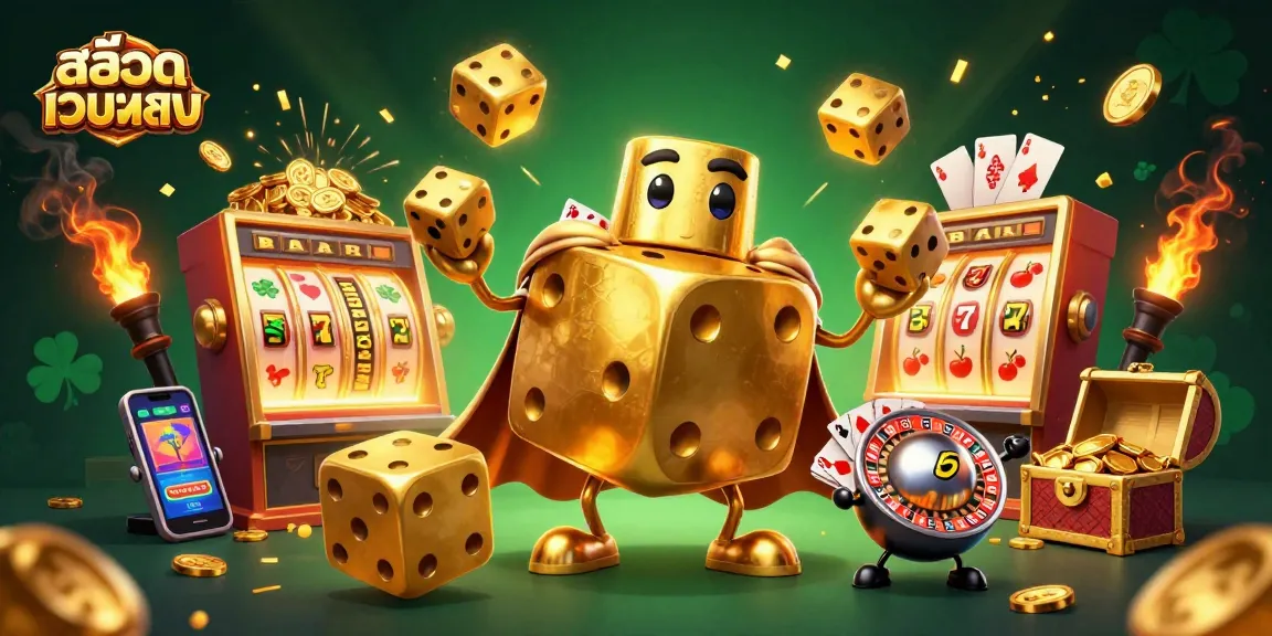 Play สล็อตเว็บตรง with a vibrant 3D casino illustration featuring dynamic slot elements and lucky symbols.