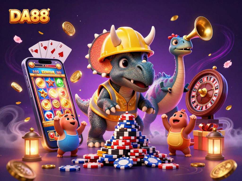 Experience the excitement of DA88 with a vibrant 3D scene of playful dinosaurs celebrating casino games.