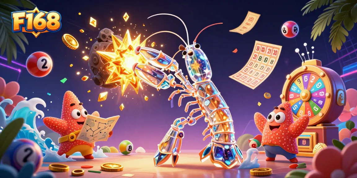 Experience F168's thrilling games with colorful lottery balls and golden treasures in a vibrant casino world