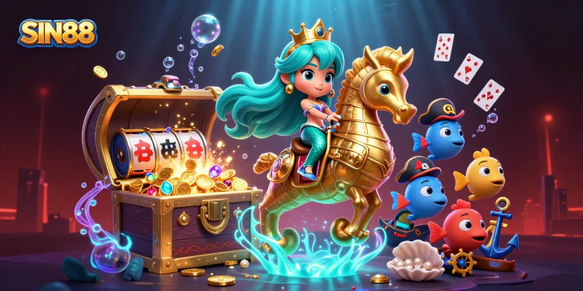 SIN88 showcases a vibrant online casino scene with a mermaid princess and slot reels bursting with treasures.