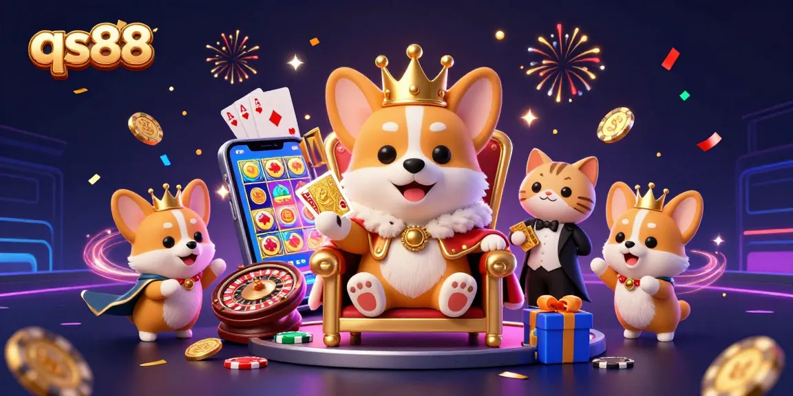 Experience the excitement of qs88 with royal corgi and casino-themed characters amidst vibrant game elements.