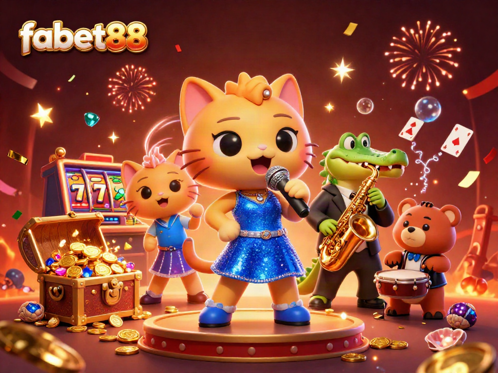 Celebrate wins at fabet88 with a vibrant 3D casino illustration featuring lively characters.