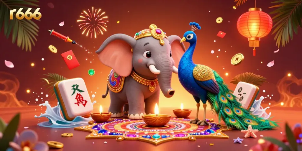 Experience excitement at r666 with a vibrant cartoon illustration showcasing gambling elements and festive characters.