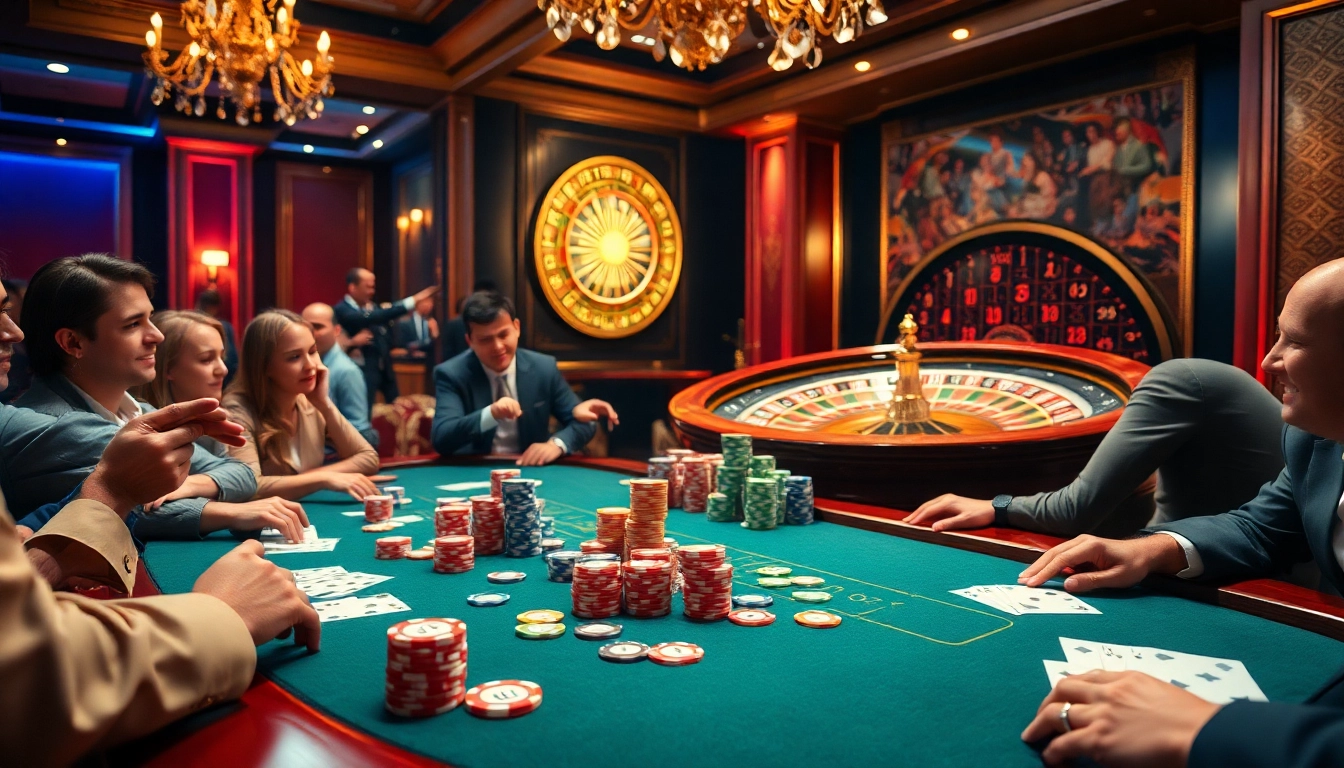 Engage in thrilling gaming at Link TX88 while surrounded by vibrant casino tables and enthusiastic players.