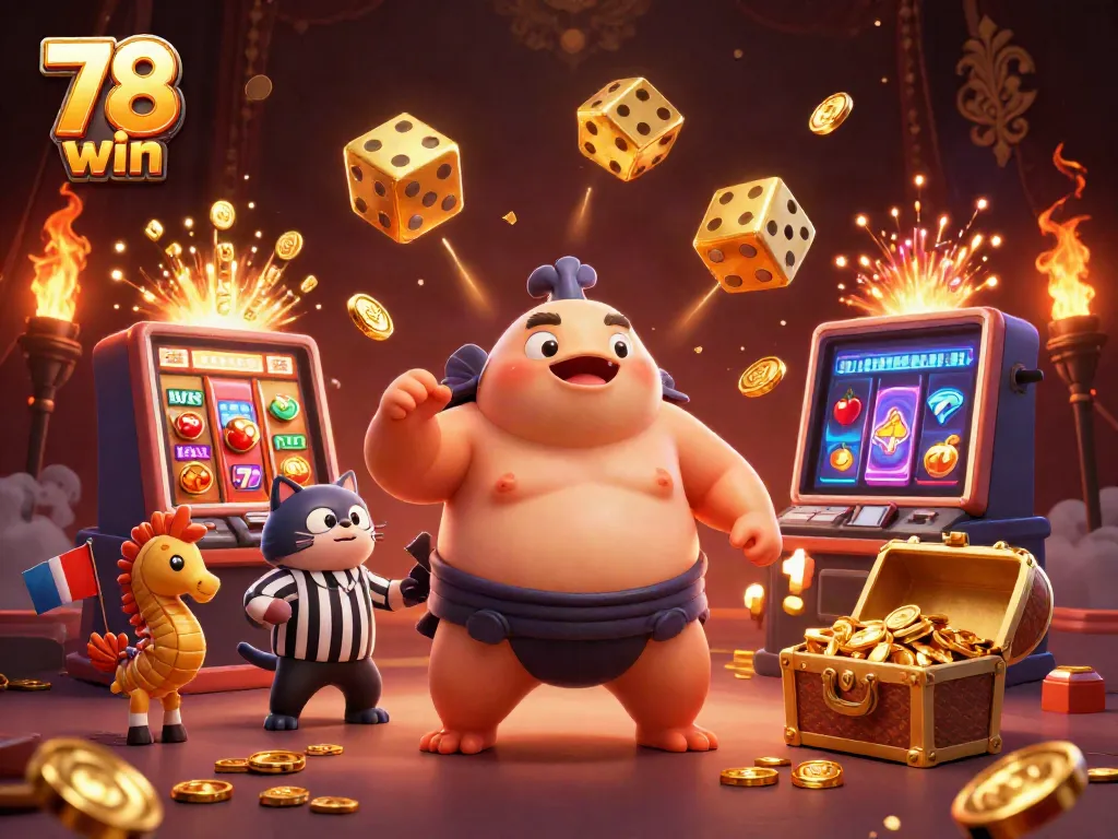 Engaging 3D fugu and catfish referee in a vibrant casino scene, showcasing 78 win theme.
