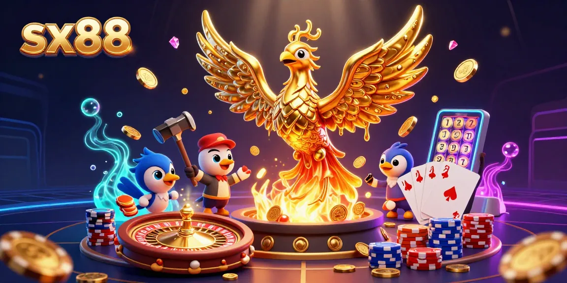 Sx88 players winning massive rewards with a golden phoenix, casino elements, and dazzling gems.