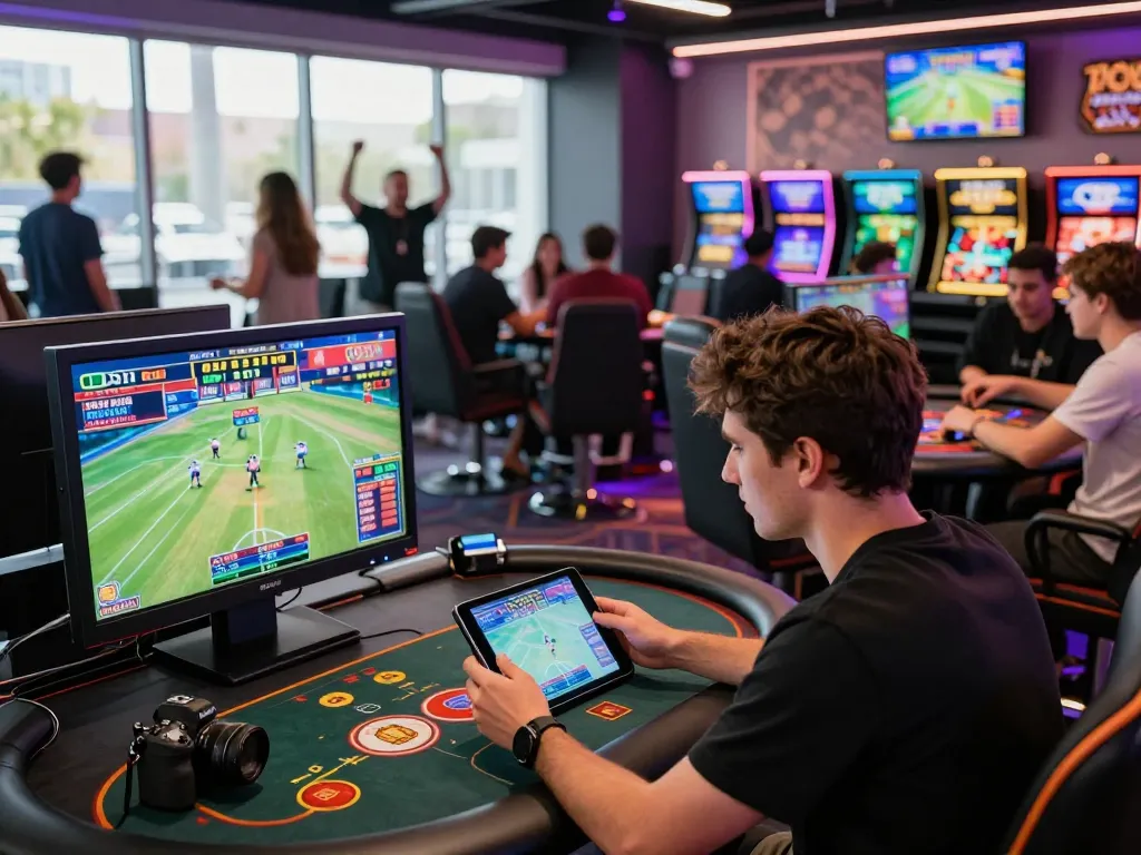 Exciting online betting experience at https://iwinclub.games/ with vibrant lounge atmosphere showcasing sports betting on tablets.