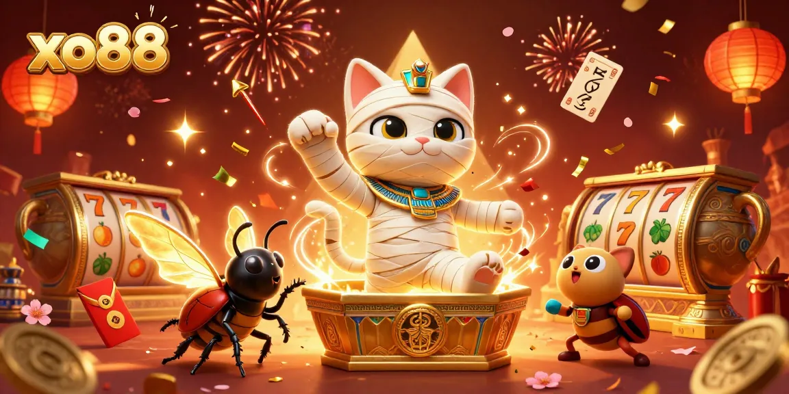 Experience the thrill of gaming at xo88 with vibrant casino imagery including a mummy cat and slot reels.