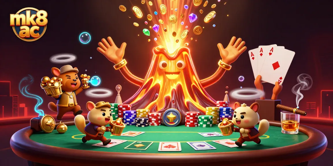 Experience the excitement of mk8 ac with a golden volcano erupting treasures and poker elements.