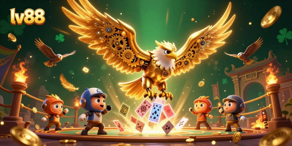 Experience the thrill of lv88 online gaming with a vivid depiction of a cybernetic eagle amidst dynamic casino elements.