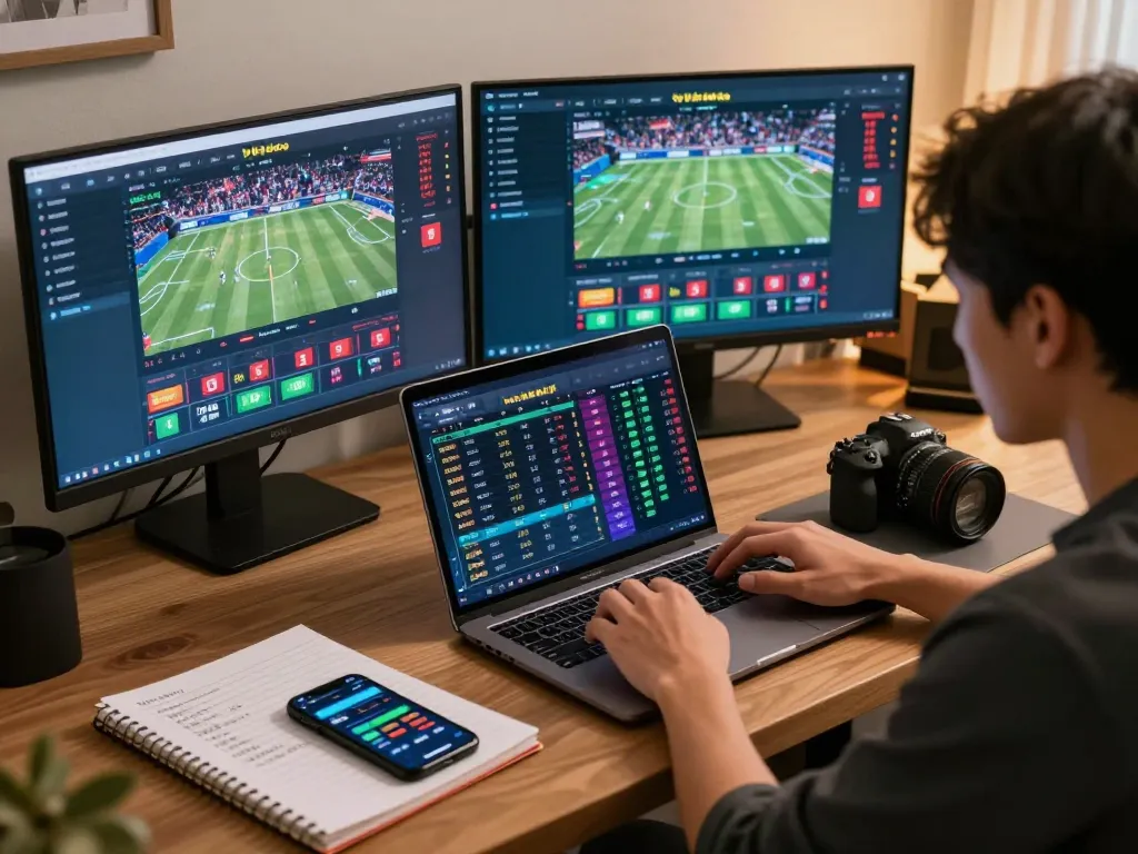 Betting on tỷ lệ kèo nhà cái 5 in a stylish home office, focused on sports odds.