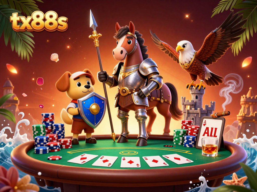 Engage in thrilling poker action with TX88S featuring knights and vibrant casino elements.
