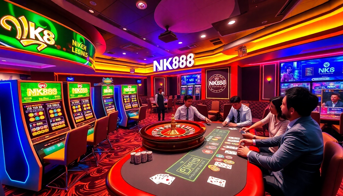 Players engaging at an NK88 casino table, showcasing thrilling gambling action and vibrant atmosphere.