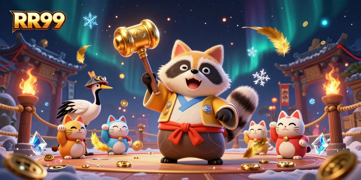 Experience the excitement at RR99 with vibrant gaming illustrations featuring a cheerful tanuki and maneki-neko.