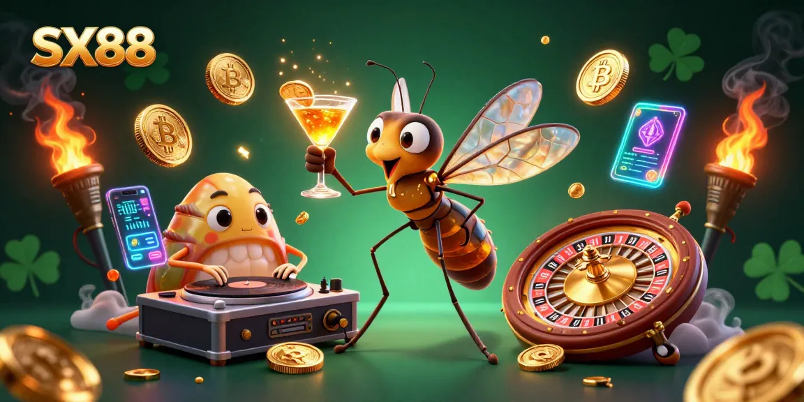 SX88 enhances excitement as a 3D cartoon mosquito casino mascot holds a golden cocktail in a vibrant casino scene.