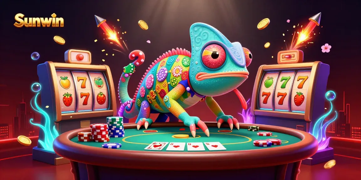 Engage with Sunwin's vibrant casino scene, featuring a chameleon owner amidst slot reels and poker elements.