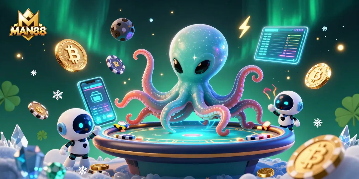 Engage with MAN88's vibrant, intergalactic poker scene featuring a cartoon octopus and crypto elements.