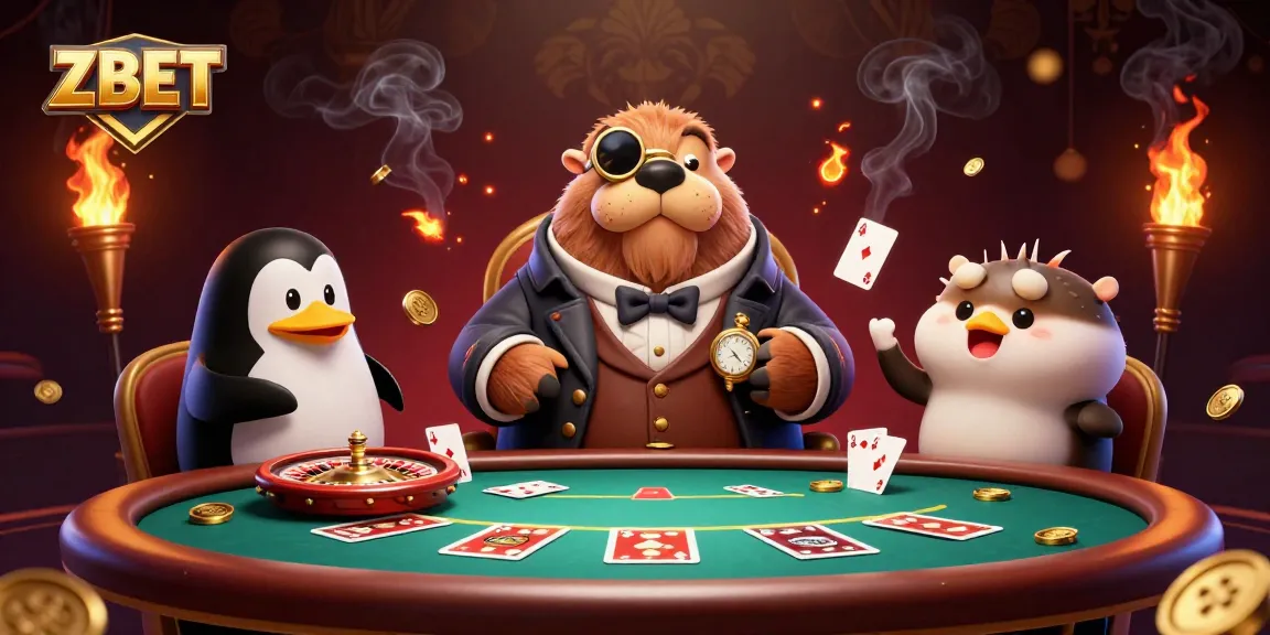 ZBET spins excitement with a jolly walrus and friends playing poker in a vibrant 3D casino