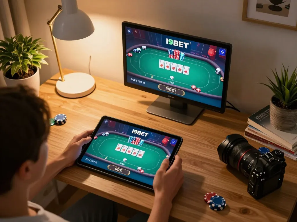 Enjoying an online poker game on i9bet with chips and cards in view, inviting gaming atmosphere.