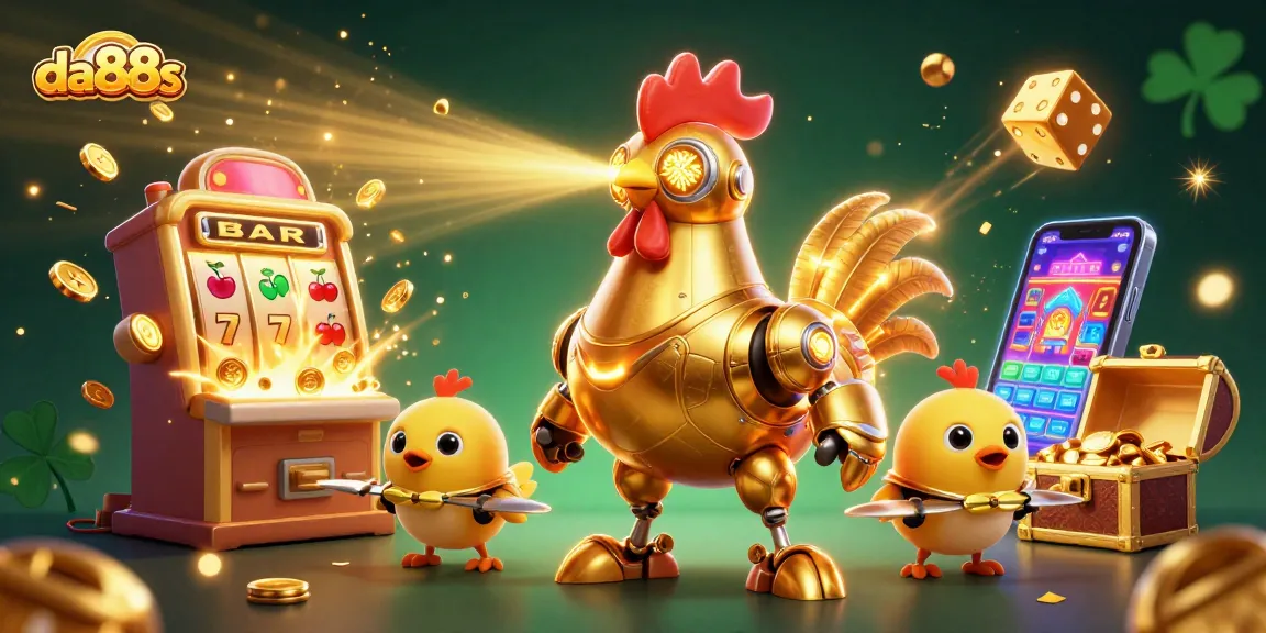 Experience the thrill and excitement of da88s with a dynamic 3D illustration of golden rooster robots and casino games.