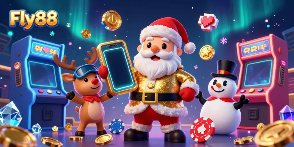 Experience vibrant gaming adventures with Fly88 featuring a joyful Santa in a casino.