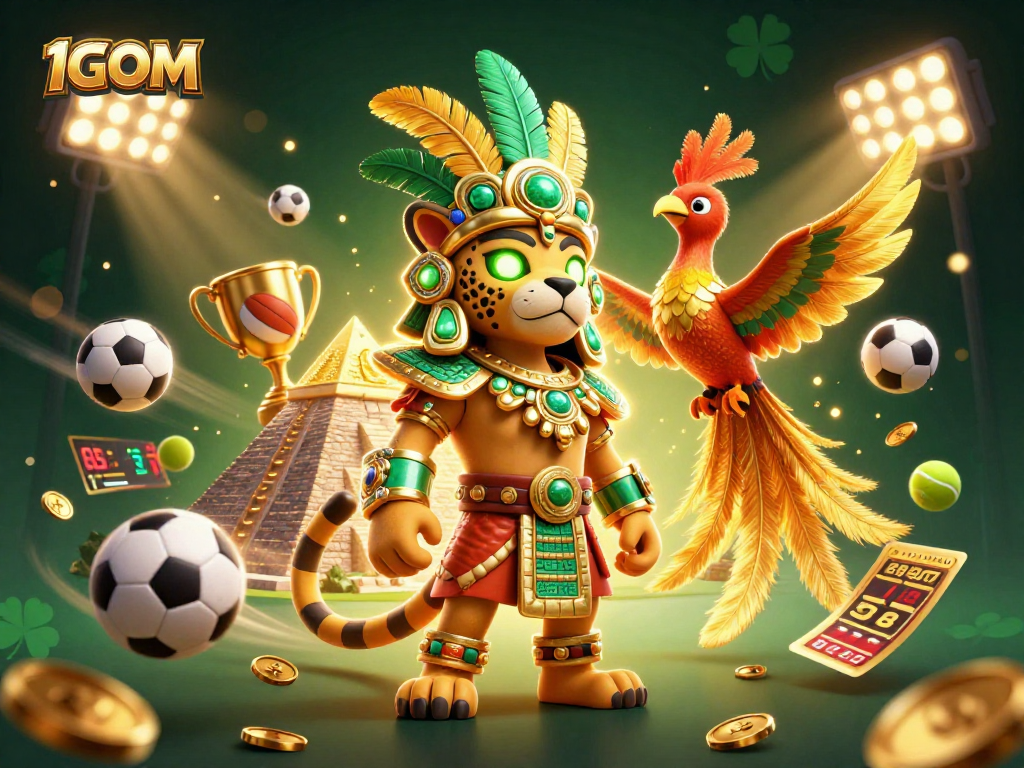 Betting on sports with 1GOM, featuring a Mayan jaguar priest and gold coins celebrating victory.