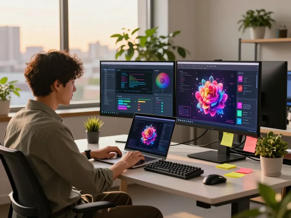 Juicy ai graphics displayed on screens in a vibrant tech workspace.