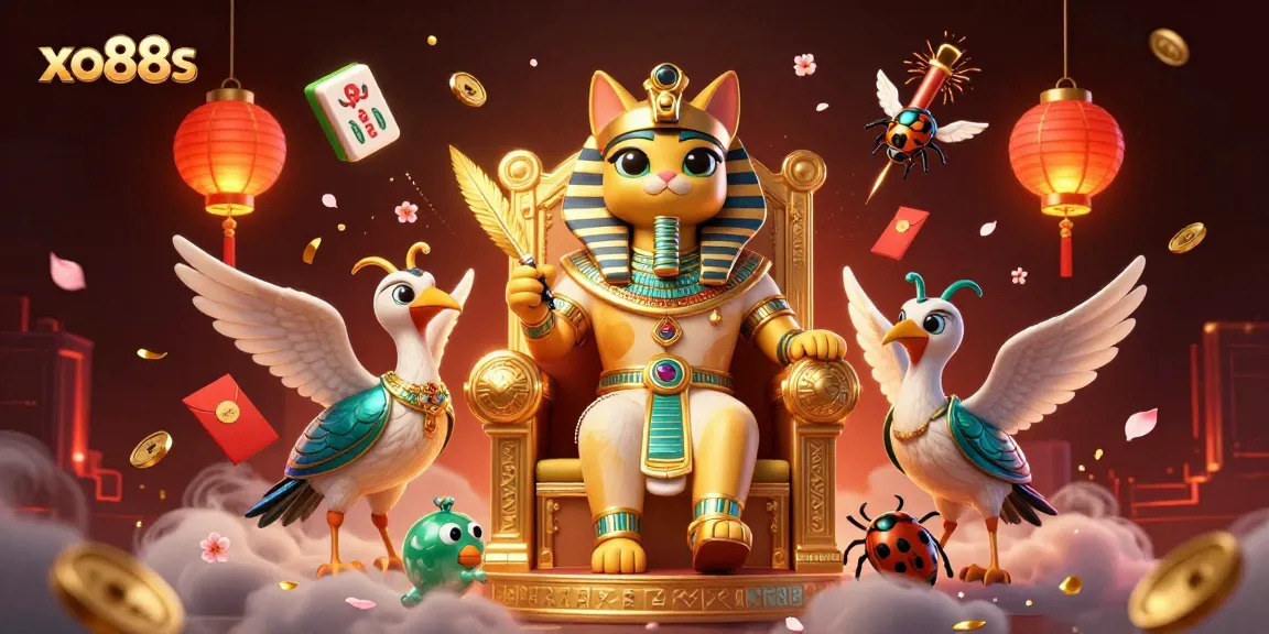Experience the excitement of xo88s with our immersive casino-themed illustration featuring a pharaoh cat and treasures.