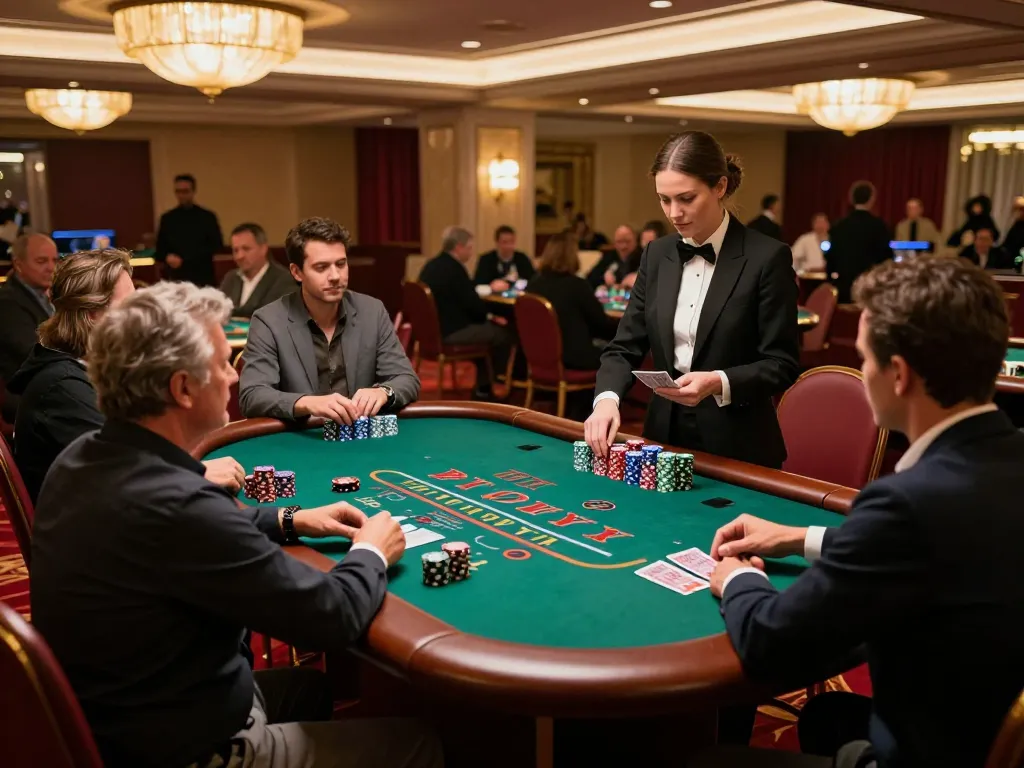 Experience the excitement of high-stakes blackjack at vin88 com with engaged players and a professional dealer in a luxurious casino.