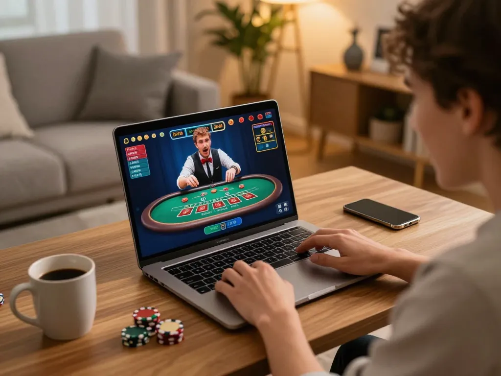 Engaging in online gaming at Nhà cái Bom88 with live dealer blackjack interface on laptop.