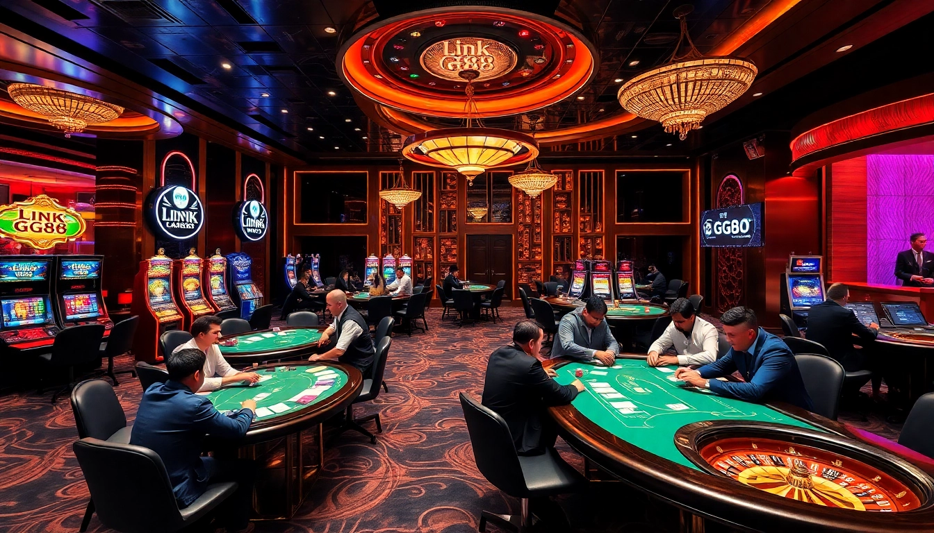 Players enjoying a thrilling poker game in a high-stakes setting while accessing Link GG88.