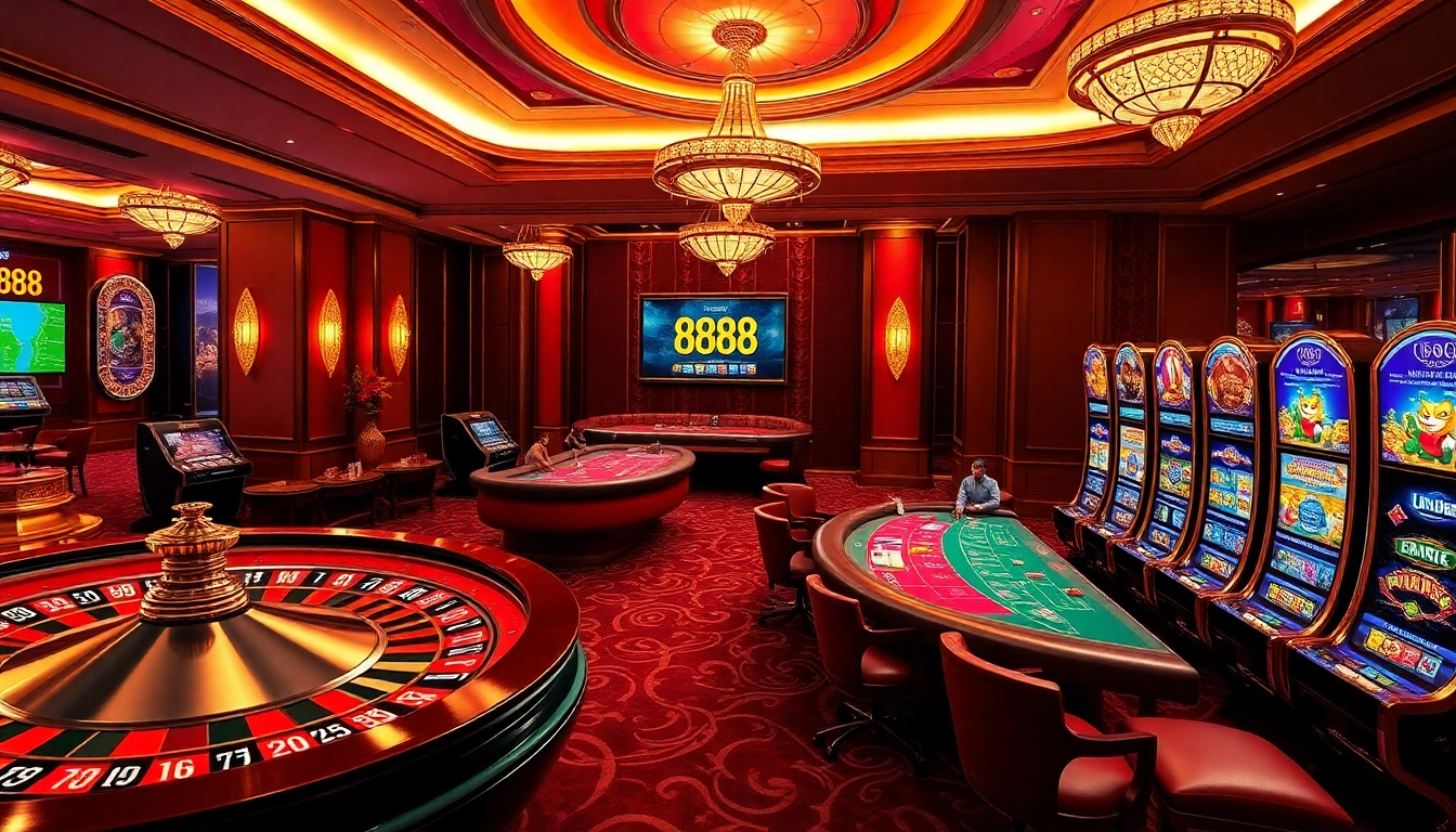 Engaging U8888 online gambling scene featuring poker, roulette, and vibrant slots.