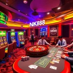 Players engaging at an NK88 casino table, showcasing thrilling gambling action and vibrant atmosphere.