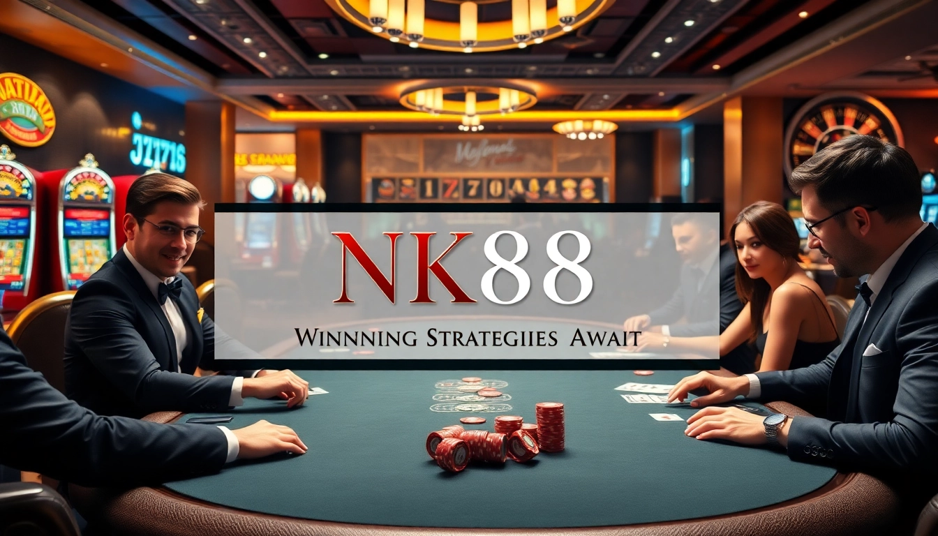 NK88 players strategizing at a high-stakes poker table in a luxurious casino setting.