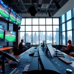 Dynamic scene of sports broadcasting with announcers and live games displayed.