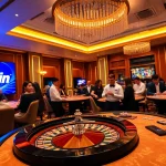 Experience the thrill of 23win with a luxurious casino atmosphere featuring vibrant gaming tables and excited players.