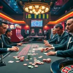 Men enjoying high-stakes poker at the man club casino, surrounded by vibrant gaming elements.